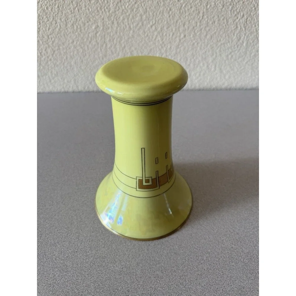 Vintage Art Deco Yellow Ceramic Vase Geometric Gold Black Trumpet 8” Unmarked